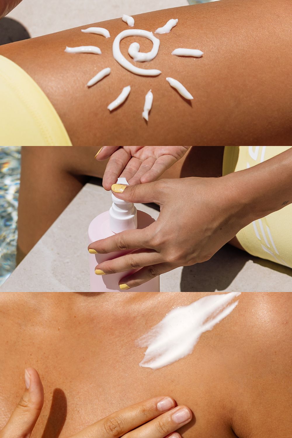 Sunscreen application on skin with a sun-shaped design, person holding sunscreen bottle, and sunscreen applied to shoulder.